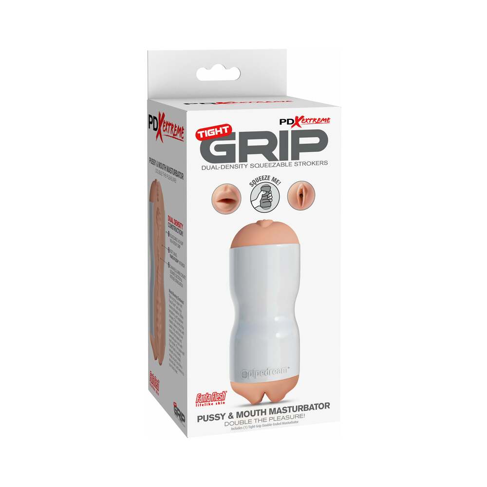 PDX Tight Grip Pussy &amp; Mouth Dual Density Squeezable Masturbator Beige/White