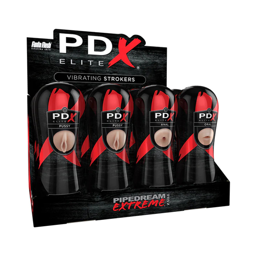 PDX Elite Vibrating Stroker Display 12-Pack (Pussy, Anal &amp; Oral)