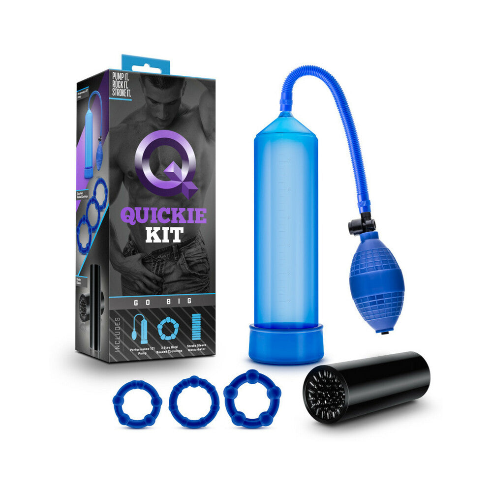 Quickie Kit Go Big Pump, Stroker &amp; 3-Piece Cockring Set Blue
