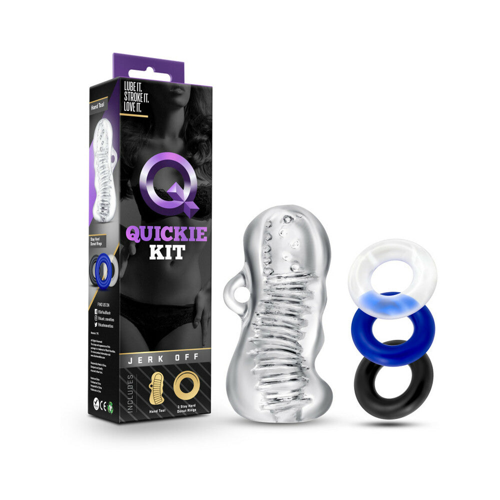 Quickie Kit Jerk Off Stroker &amp; 3-Piece Cockring Set Clear