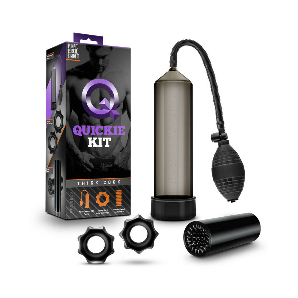 Quickie Kit Thick Cock Pump, Stroker &amp; 2-Piece Cockring Set Black