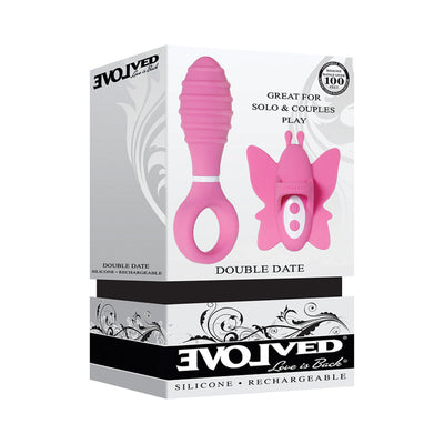 Evolved Double Date Rechargeable Silicone Vibrating Anal Plug and Clit Stimulator Couples Set Pink