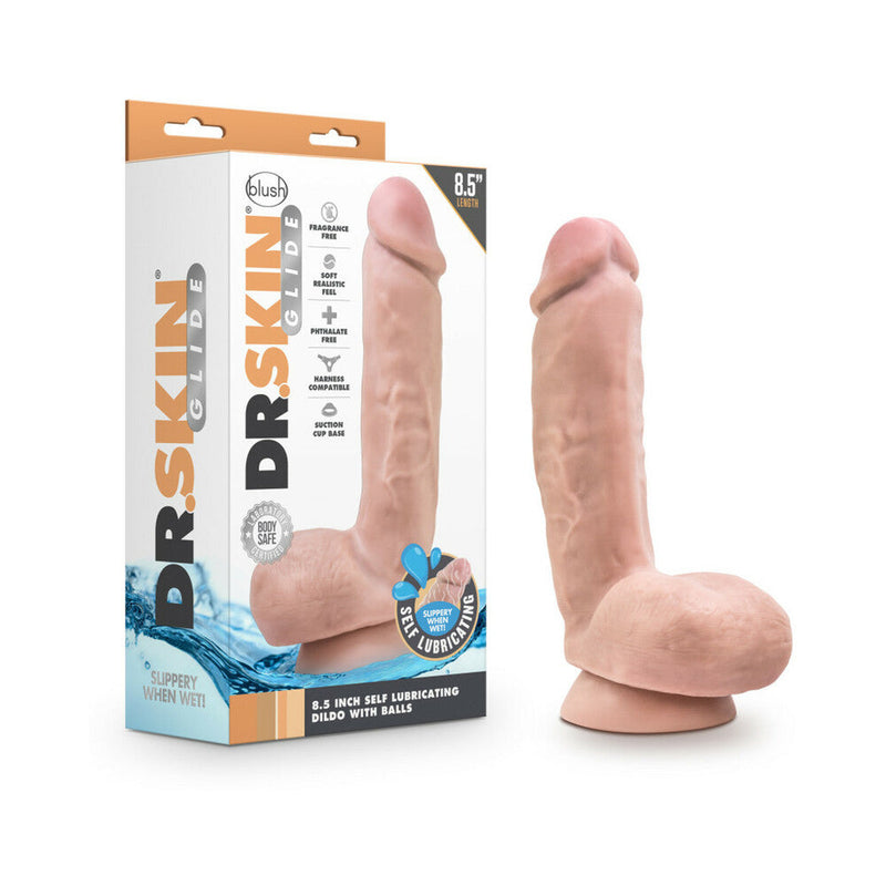 Dr. Skin Glide Realistic 8.5 in. Self-Lubricating Dildo with Balls Beige