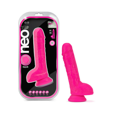 Blush Neo Elite 9 in. Silicone Dual Density Dildo with Balls & Suction Cup Neon Pink