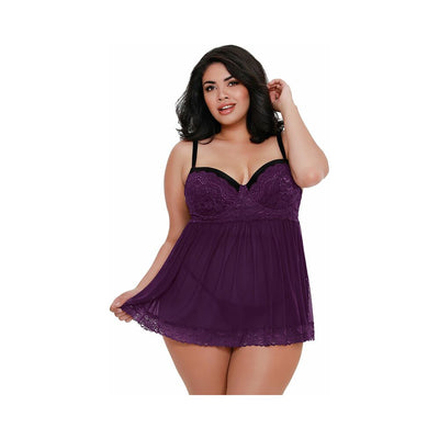 Dreamgirl Stretch Mesh and Lace Babydoll Plum Queen 3X Hanging