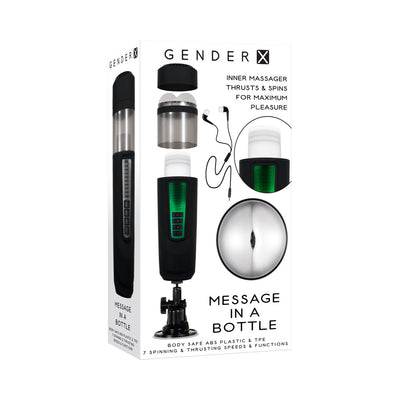 Gender X Message In A Bottle Rechargeable Thrusting Spinning Stroker with Suction Cup Base Black