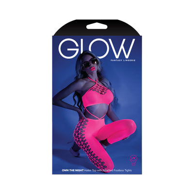 Fantasy Lingerie Glow Own The Night Cropped Cut-Out Halter Bodystocking Neon Pink O/S