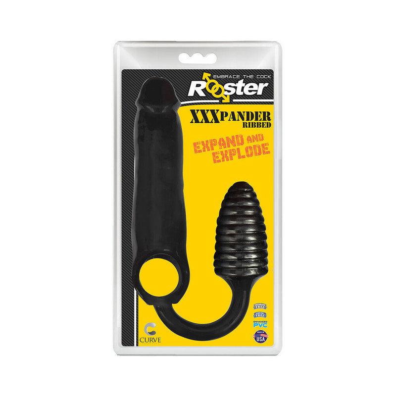 Curve Toys Rooster XXXPANDER Ribbed Penis Extender Sheath with Cockring & Anal Plug Black