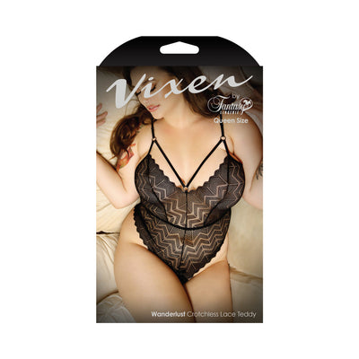 Fantasy Lingerie Vixen Wanderlust Crotchless Lace Teddy Queen Size Black