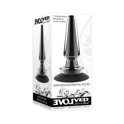 Evolved Advanced Metal Plug Rechargeable Vibrating Chrome Anal Plug with Suction Cup Base Black