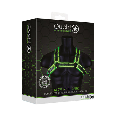 Ouch! Glow in the Dark Bonded Leather Buckle Bulldog Harness Neon Green L/XL