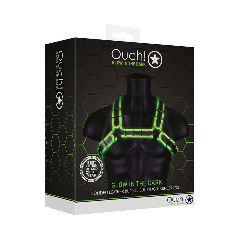 Ouch! Glow in the Dark Bonded Leather Buckle Bulldog Harness Neon Green L/XL