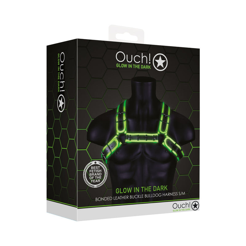 Ouch! Glow in the Dark Bonded Leather Buckle Bulldog Harness Neon Green S/M