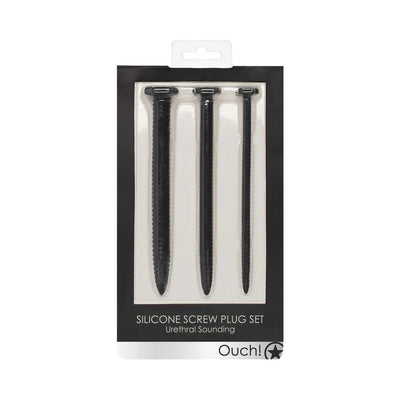 Ouch! Urethral Sounding Textured Silicone Screw Plug Set Black 9 mm / 13 mm / 16.5 mm