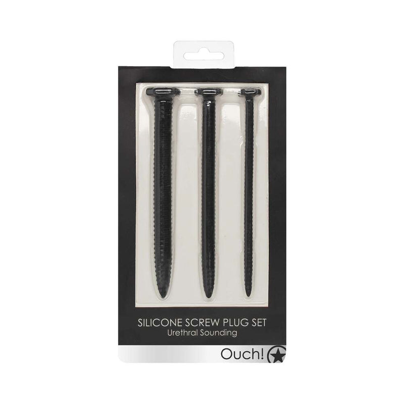 Ouch! Urethral Sounding Textured Silicone Screw Plug Set Black 9 mm / 13 mm / 16.5 mm