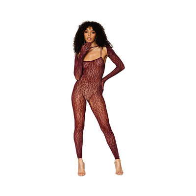 Dreamgirl Animal Print Fishnet Lace Bodystocking & Shrug Burgundy O/S