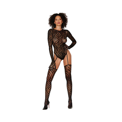 Dreamgirl Animal Print Fishnet Gloved Suspender Teddy Bodystocking With Keyhole Back Black O/S