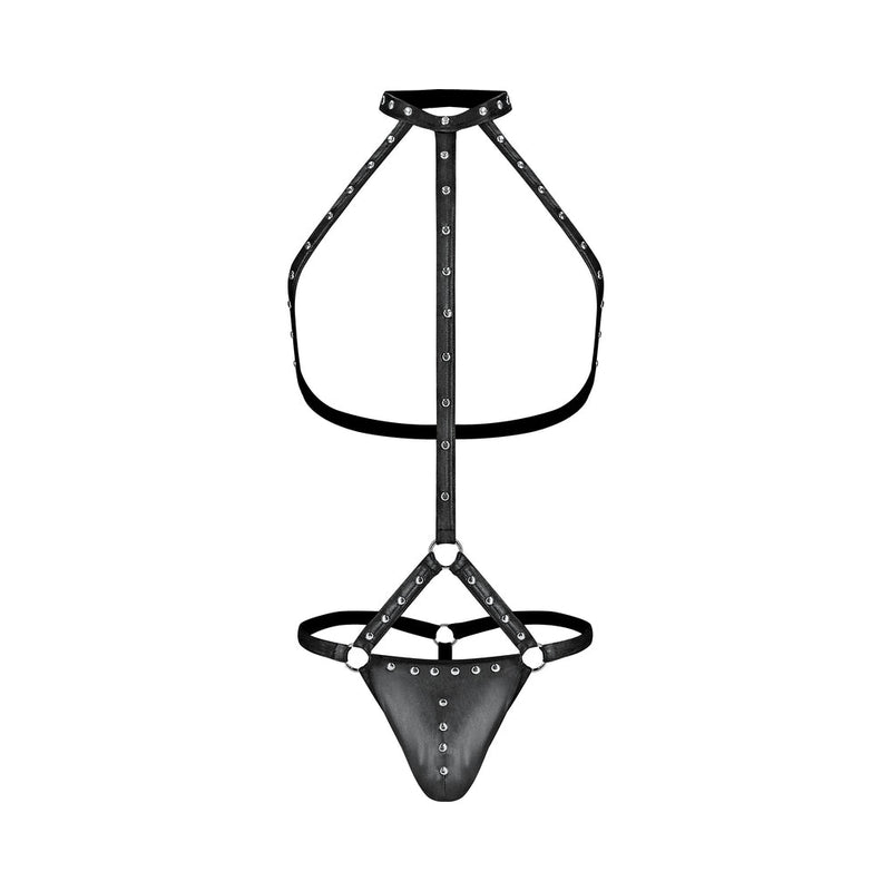 Male Power Fetish Gladiator High-Neck Strappy Body Harness Black L/XL