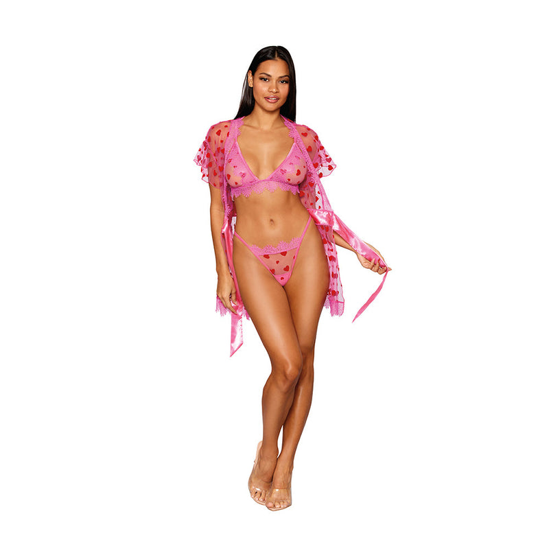 Dreamgirl Flocked Heart Mesh and Eyelash Lace Robe, Bralette, and G-string Set Peony L