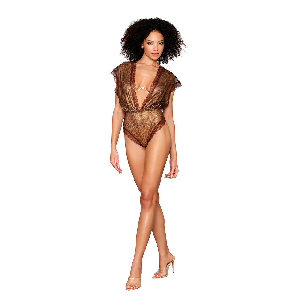 Dreamgirl Delicate Gold-Foil Lace Blouson Teddy &amp; Rhinestone Metal Underwire Bra Set Gold XL