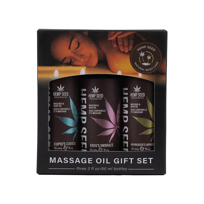 Earthly Body Hemp Seed Valentines Day 2024 Massage Oil 3-Piece Gift Set 2 oz.