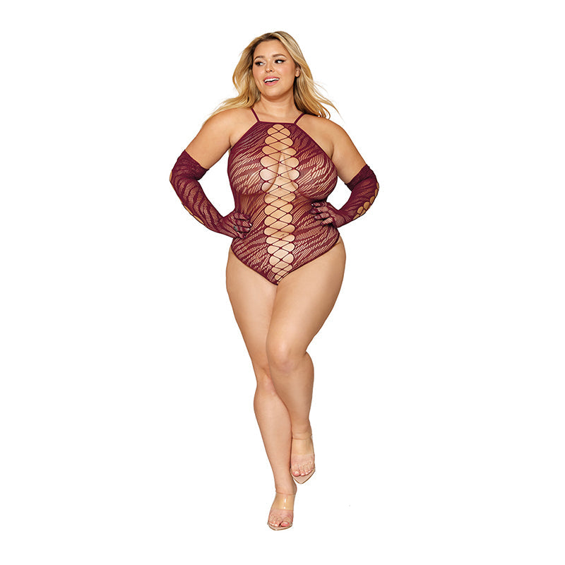 Dreamgirl Seamless Zebra Fishnet Teddy and Glove Set Burgundy Queen Size