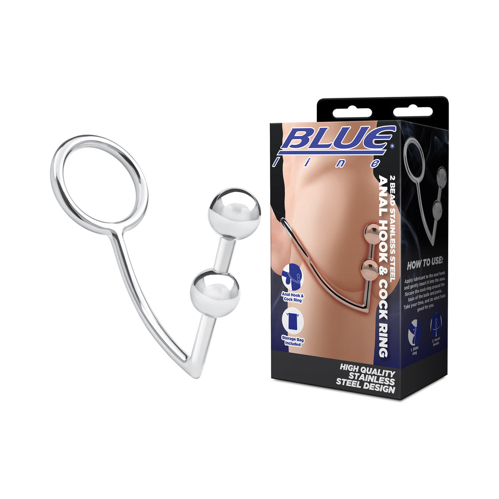 Blue Line 2 Bead Stainless Steel Anal Hook &amp; Cock Ring