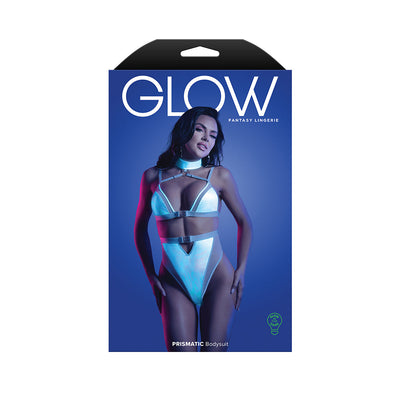 Fantasy Lingerie Glow Prismatic Iridescent Glow-in-the-Dark Cut-Out Harness Bodysuit S/M