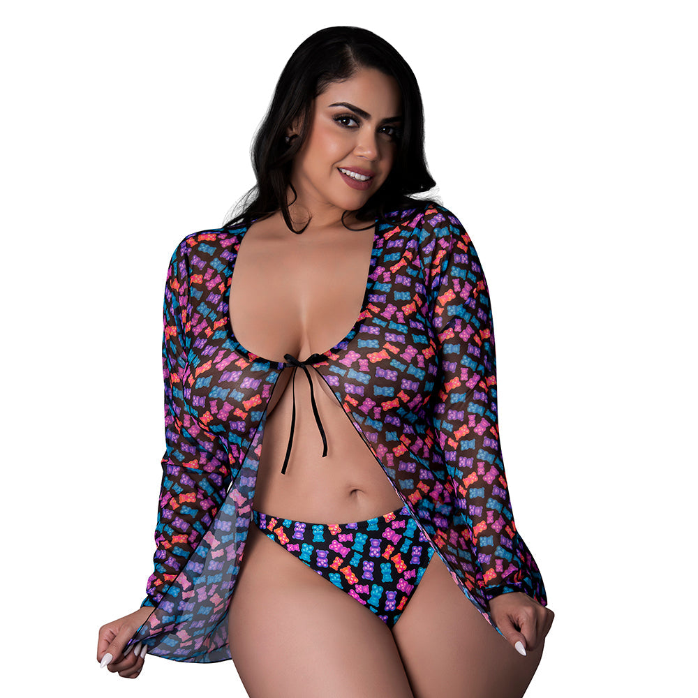 Magic Silk Hazy Dayz Tie Front Jacket &amp; Thong Set Gummy Bears Queen Size