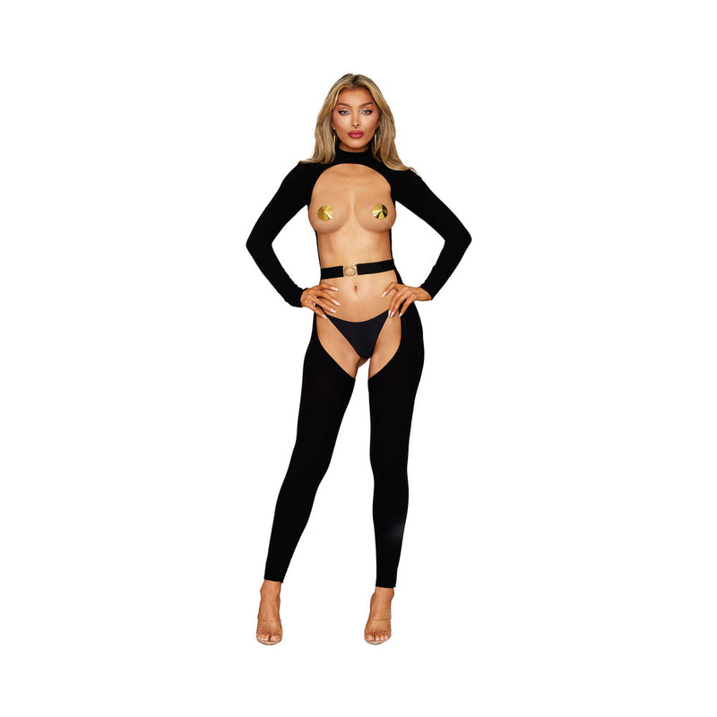 Dreamgirl Open Front and Back Bodystocking with Belt Black O/S