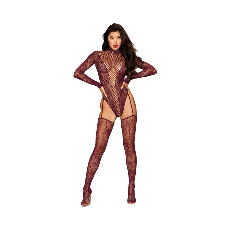 Dreamgirl Lace Teddy Bodystocking with Attached Stockings Cherry Lacquer O/S