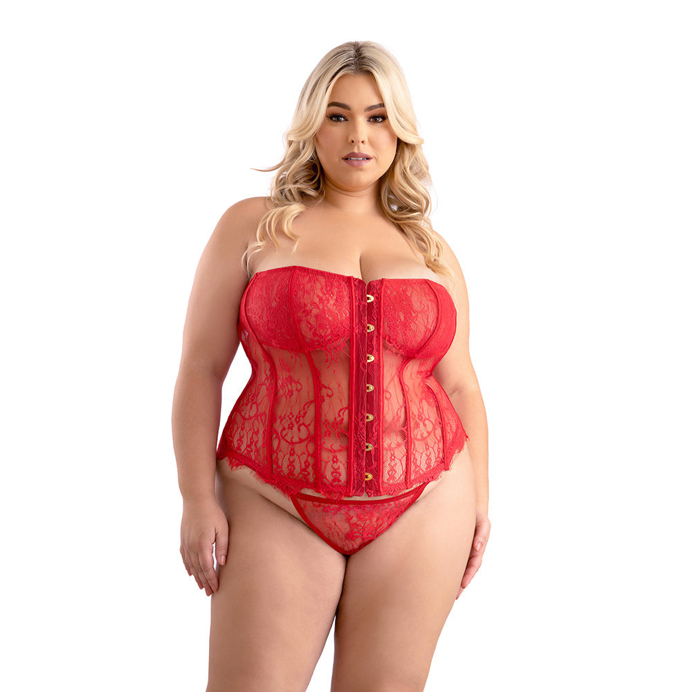 Fantasy Lingerie Eyelash Lace Corset with Busk Front, Lace-Up Back &amp; Matching G-String Panty 2XL