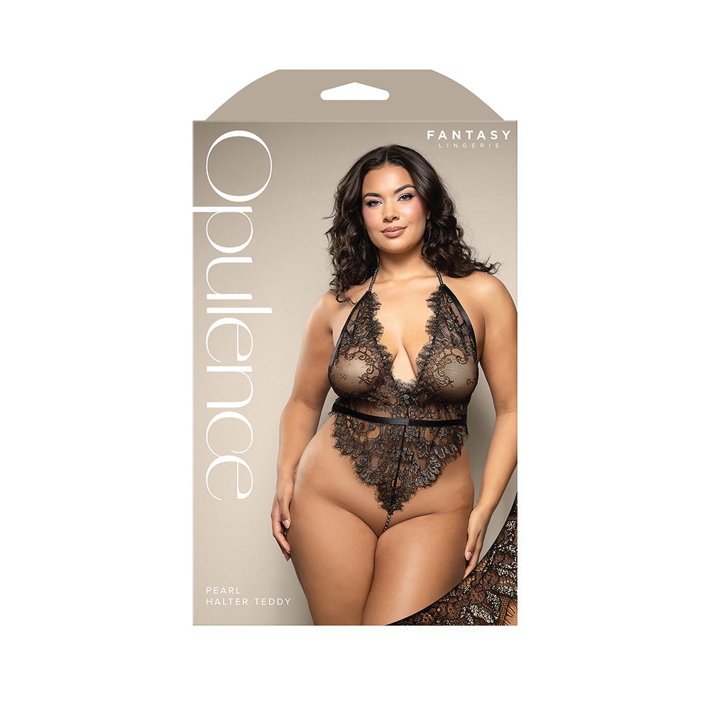 Fantasy Lingerie Opulence Shimmer Lace Pearl Halter Teddy with Open Back &amp; Pearl String Crotch Queen Size