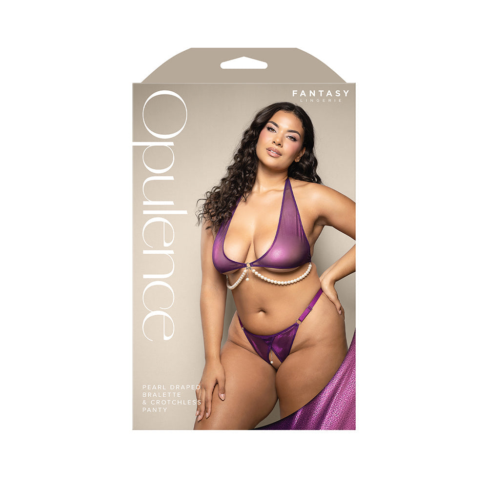 Fantasy Lingerie Opulence Foiled Mesh Halter Bralette with Pearl Underbust &amp; Crotchless Panty Queen Size