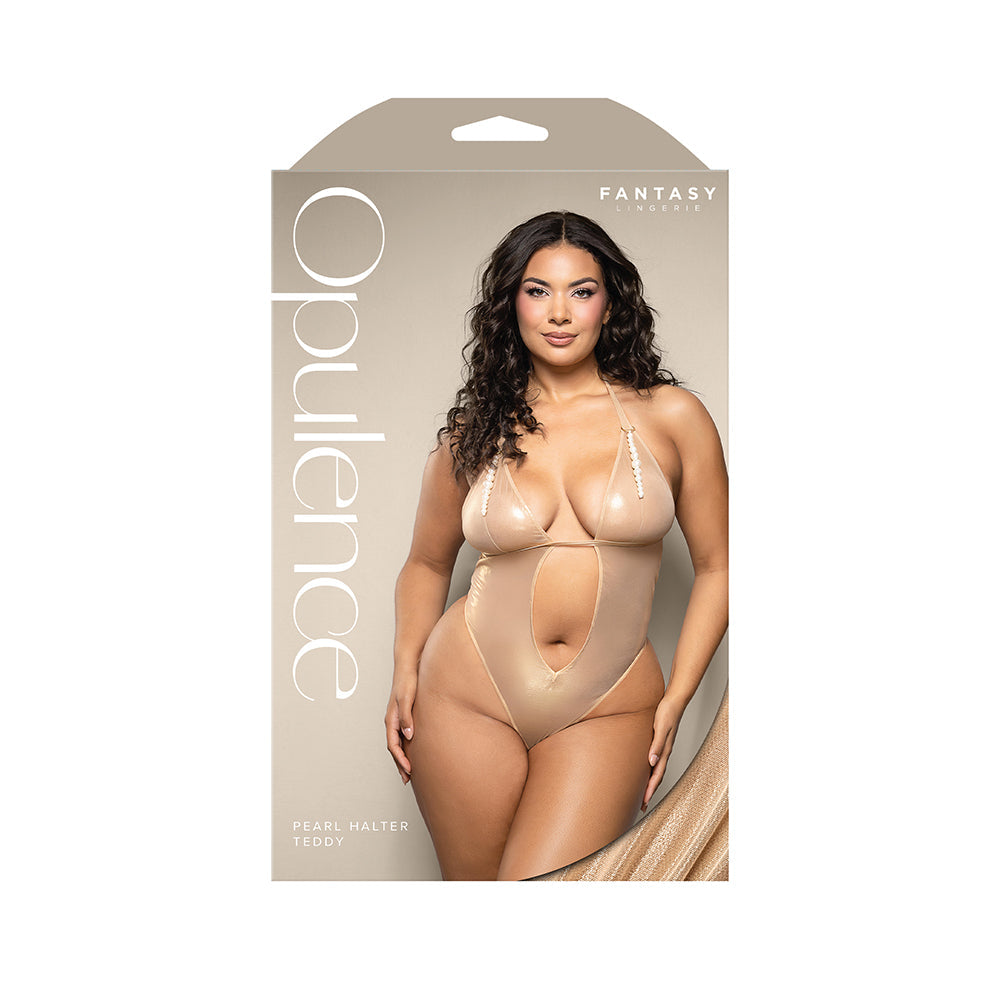 Fantasy Lingerie Opulence Foil Mesh Cut-Out Halter Teddy with Stimulating Pearl &amp; Pearl String Queen Size