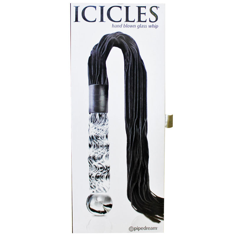 Pipedream Icicles No. 38 Leather Flogger With Textured 8.5 in. Glass Dildo Handle Clear/Black