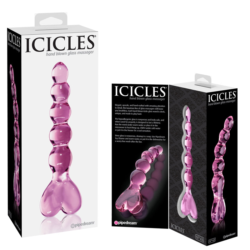 Pipedream Icicles No. 43 Curved Beaded 8 in. Glass Dildo With Heart-Shaped Handle Pink