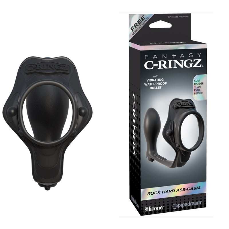 Pipedream Fantasy C-Ringz Rock Hard Ass-Gasm Vibrating Silicone Cockring With Anal Plug Black