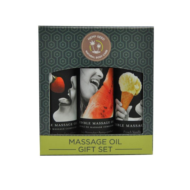 Earthly Body Edible Gift Set with Vanilla, Strawberry and Watermelon 2 oz massage Oils 2 oz