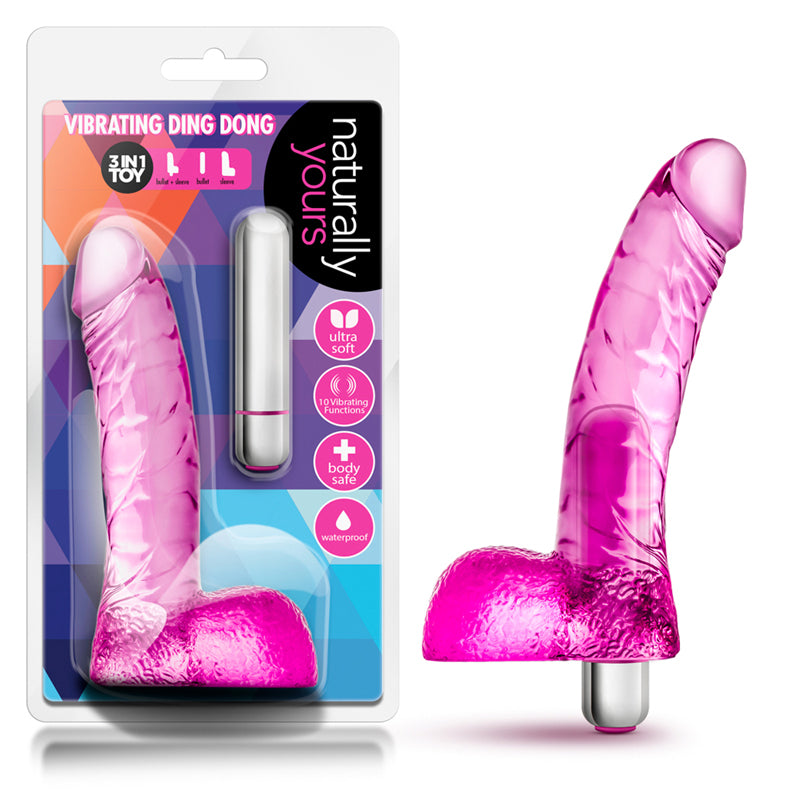 Blush Naturally Yours Vibrating Ding Dong Realistic 6.5 in. Dildo with Balls & Bullet Vibrator Pink
