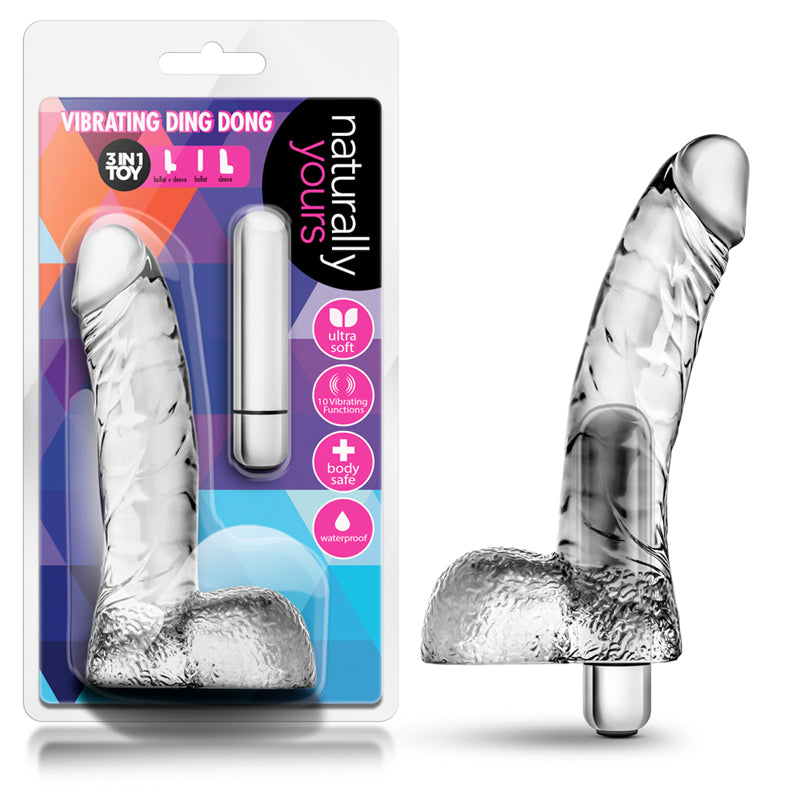 Blush Naturally Yours Vibrating Ding Dong Realistic 6.5 in. Dildo with Balls & Bullet Vibrator Clear
