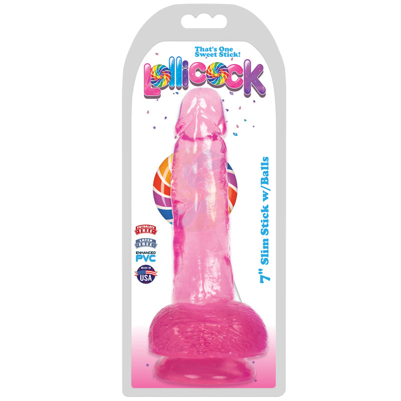 Curve Toys Lollicock Slim Stick 7 in. Dildo with Balls & Suction Cup Cherry Ice