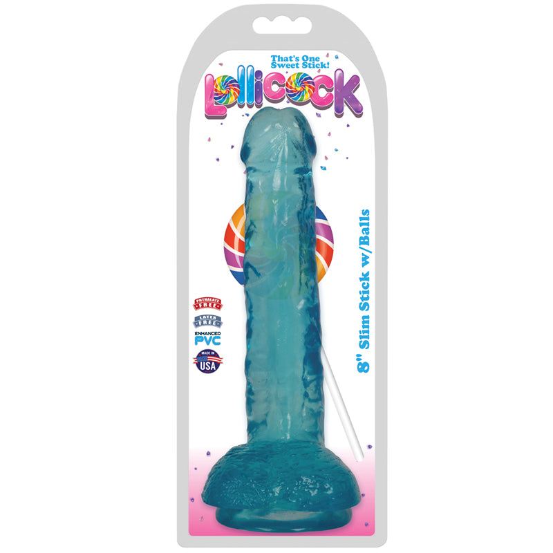 Curve Toys Lollicock Slim Stick 8 in. Dildo with Balls & Suction Cup Berry Ice