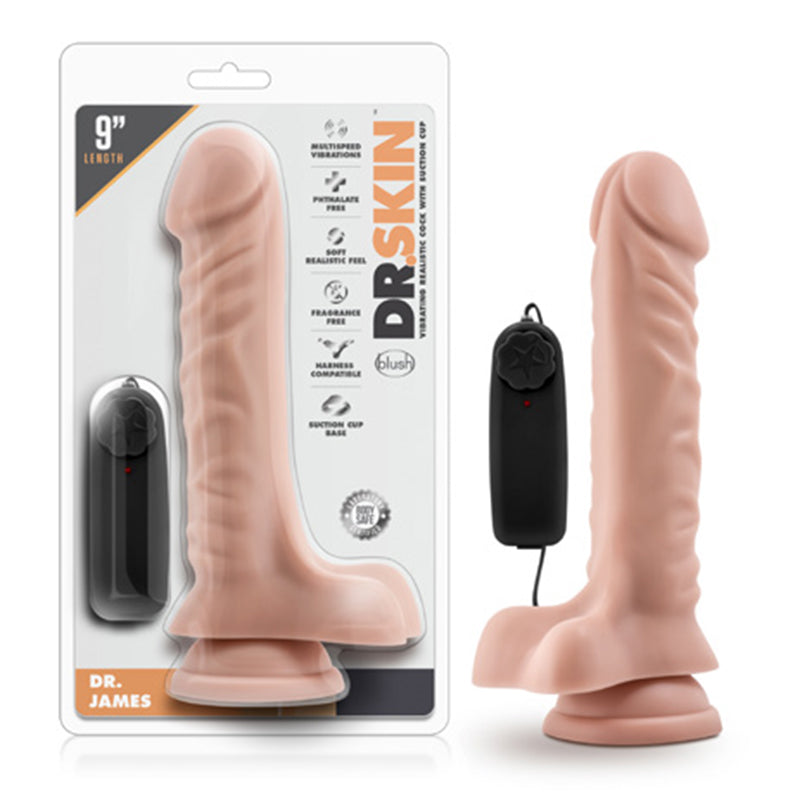 Blush Dr. Skin Dr. James Realistic 9 in. Vibrating Dildo with Balls & Suction Cup Beige