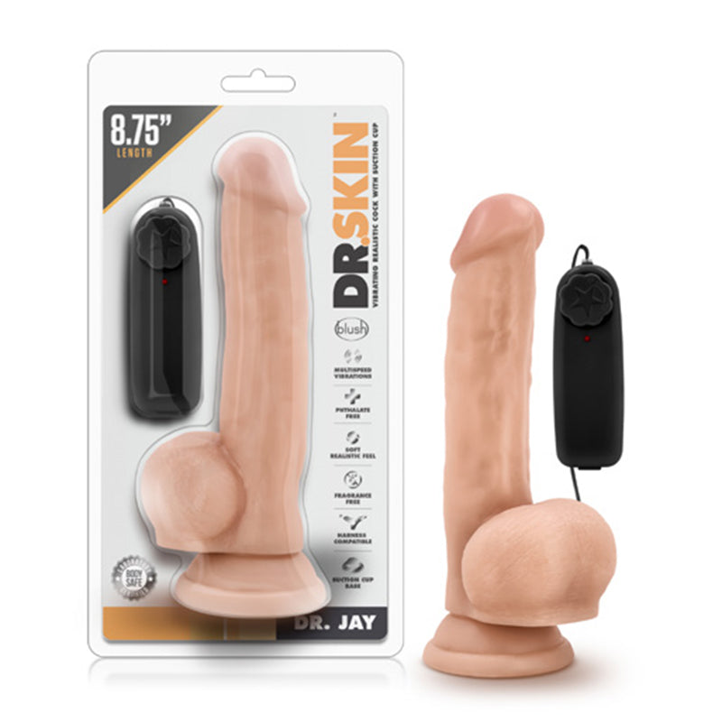 Blush Dr. Skin Dr. Jay Realistic 8.75 in. Vibrating Dildo with Balls & Suction Cup Beige