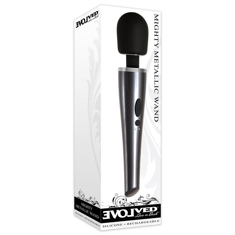 Evolved Mighty Metallic Wand Rechargeable Silicone Wand Vibrator Chrome/Black