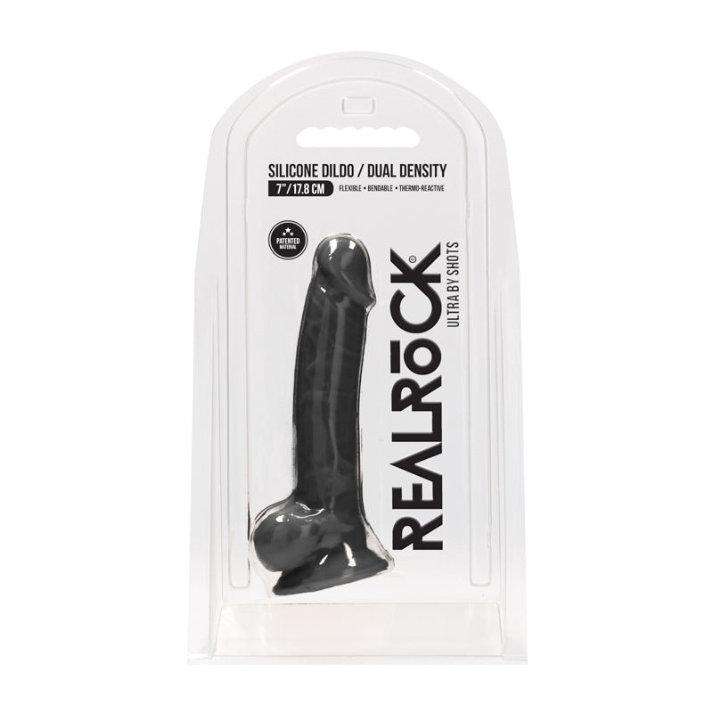 RealRock Ultra Realistic Dual Density Silicone 7 in. Bendable Dildo With Balls Black