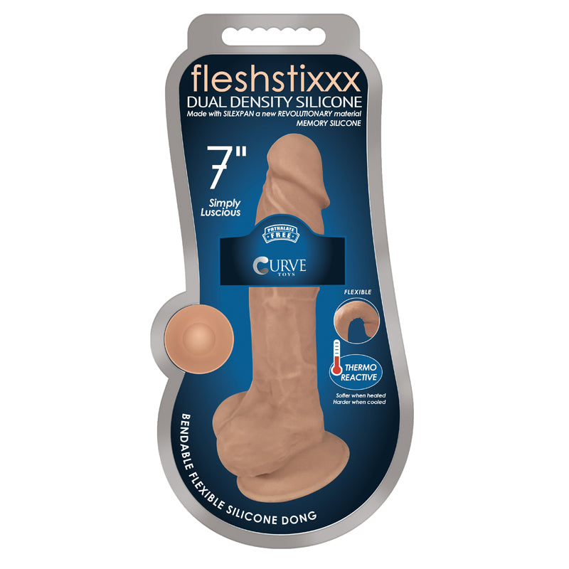Curve Toys FLESHSTIXXX 7 in. Posable Dual Density Silicone Dildo with Balls & Suction Cup Tan