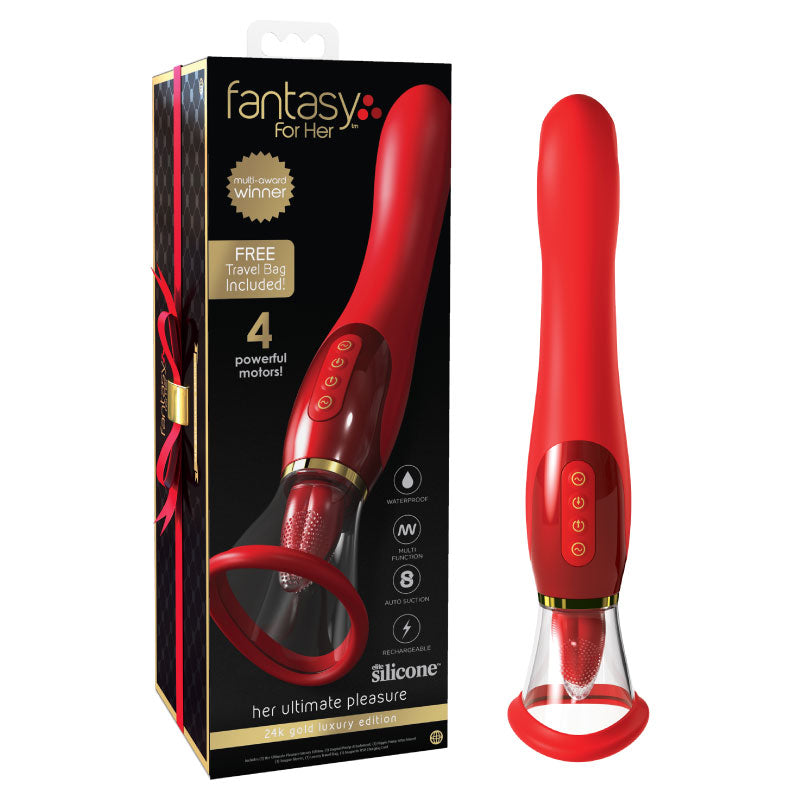 Pipedream Fantasy For Her 24k Gold Luxury Edition Her Ultimate Pleasure Rechargeable Silicone Dual-Ended Vibrator With Licking Suction Red