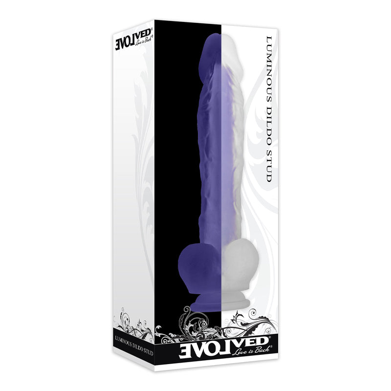 Evolved Luminous Stud Poseable Glow in the Dark 10.5 in. Dual Density Silicone Dildo With Balls Clear/Purple